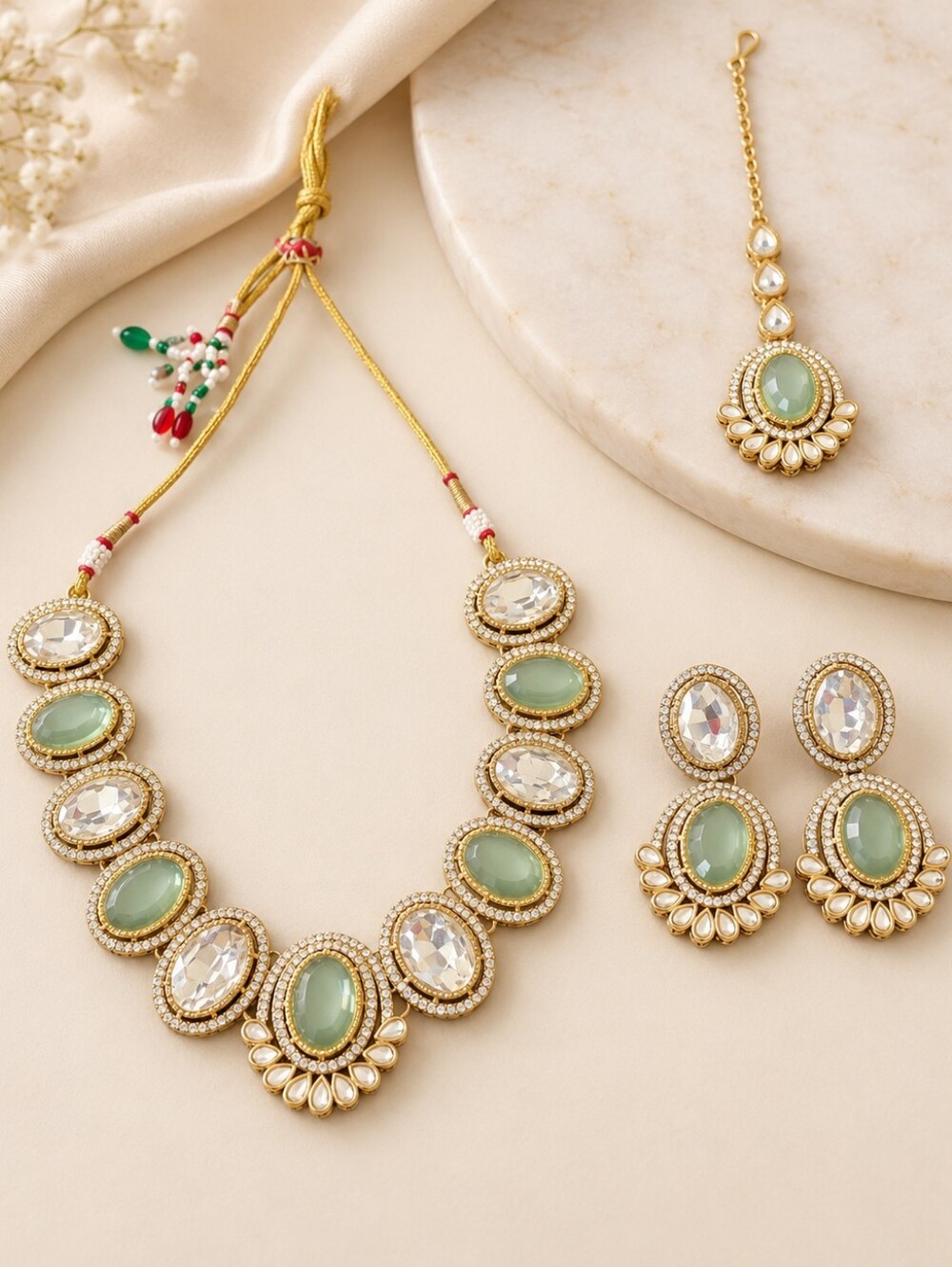 Mint Green Kundan Necklace Set with Earrings & Maang Tikka